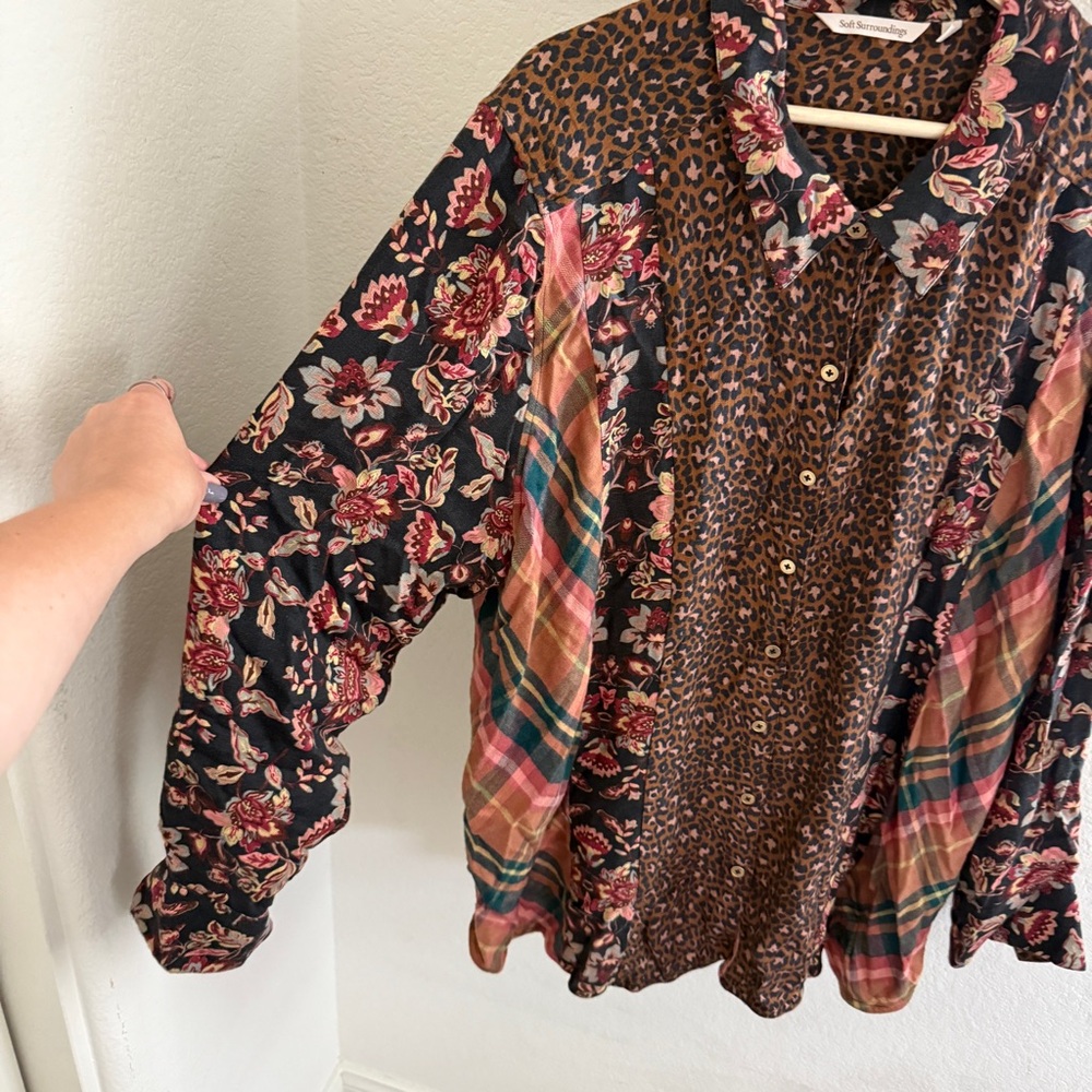 Soft Surroundings brown mixed floral animal print plaid boho long sleeve shirt - Picture 3 of 8
